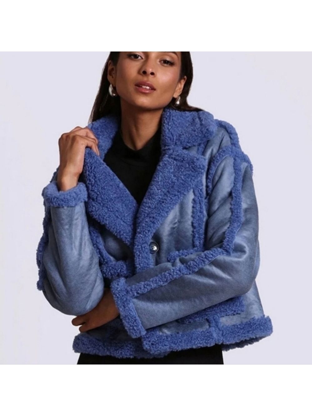 NWT 7 For All Mankind Faux Shearling Cobalt Blue Cropped Coat